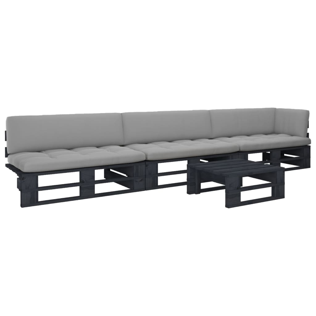 vidaXL Set mobilier paleți cu perne, 4 piese, negru, lemn pin tratat