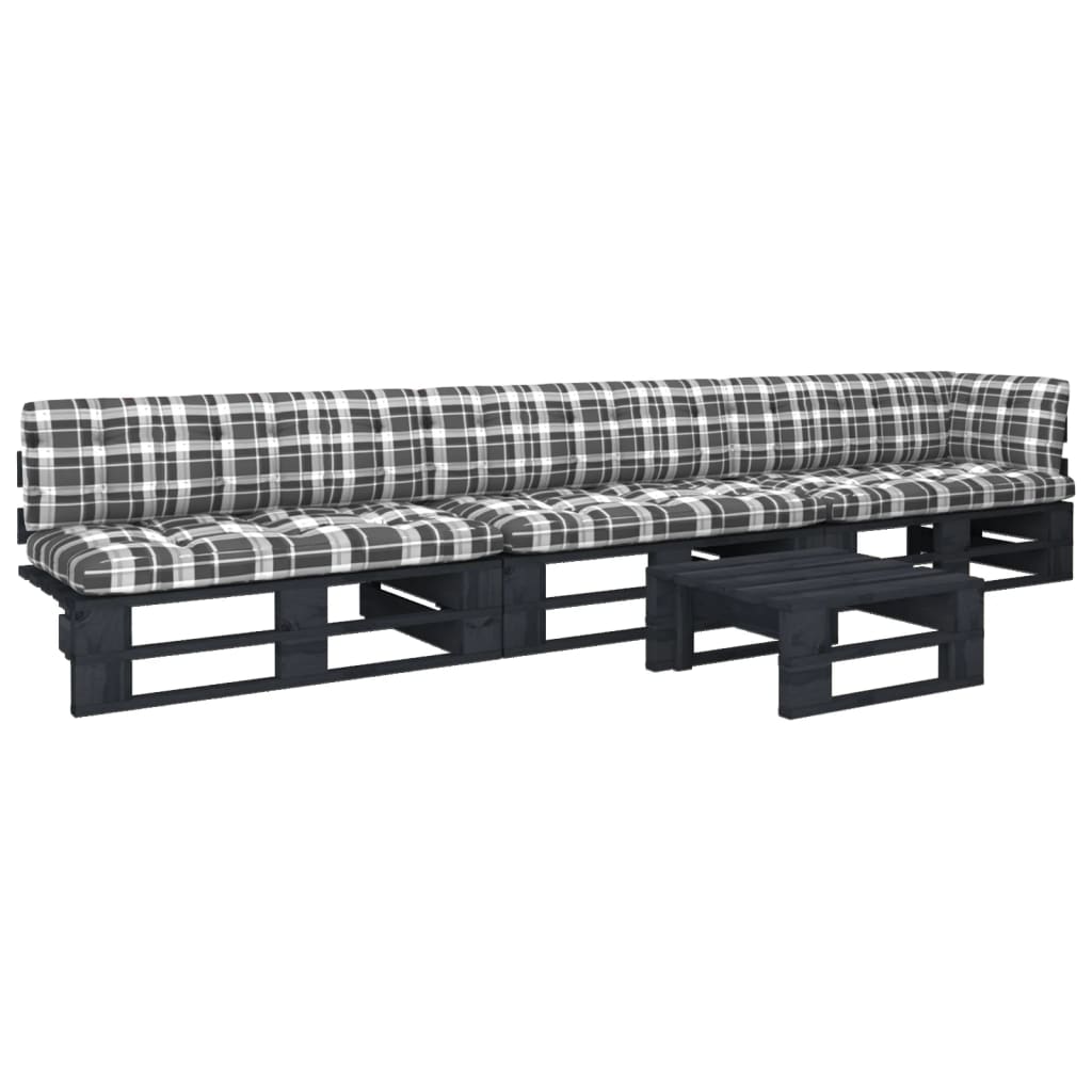 vidaXL Set mobilier paleți cu perne, 4 piese, negru, lemn pin tratat