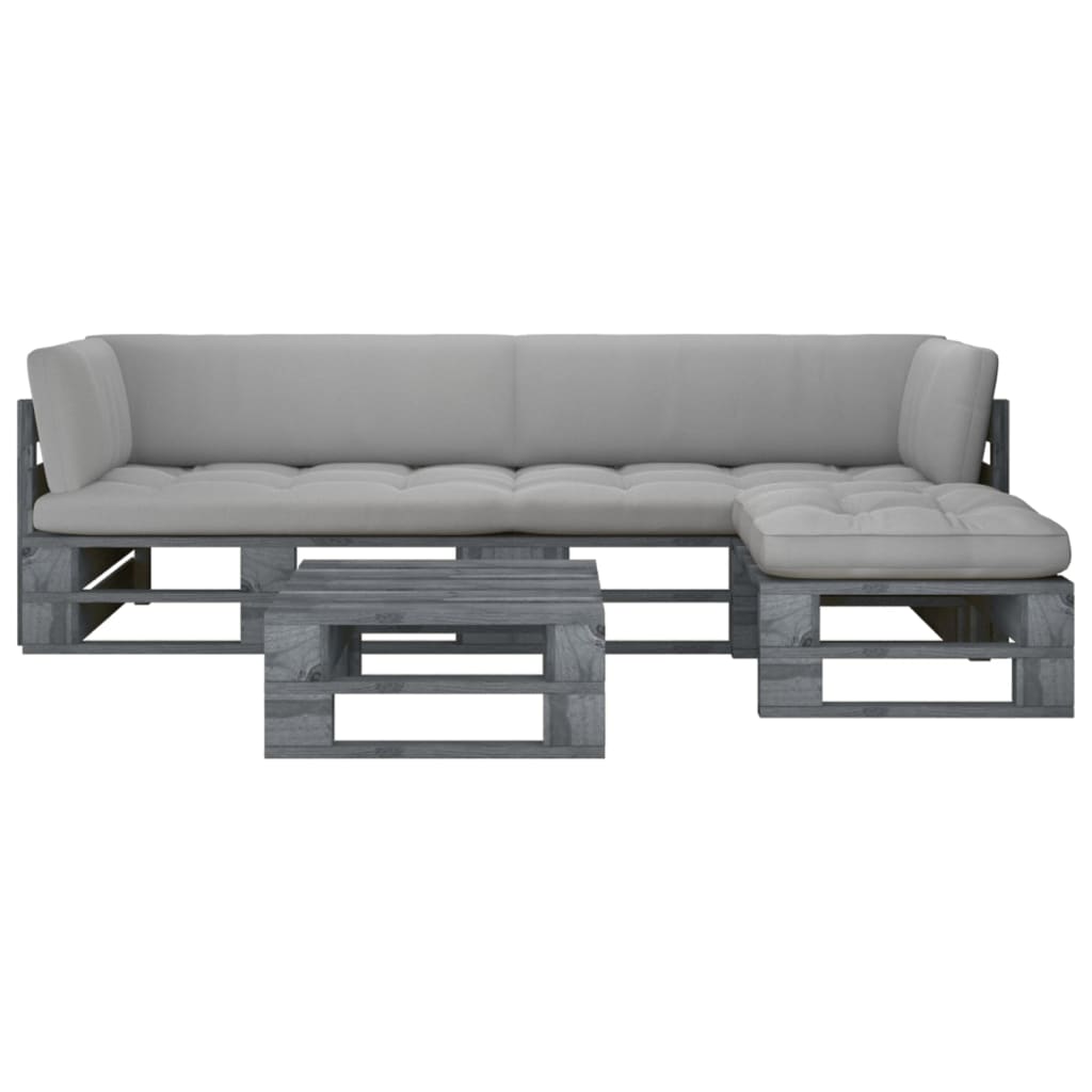 vidaXL Set mobilier din paleți cu perne, 4 piese, gri, lemn pin tratat