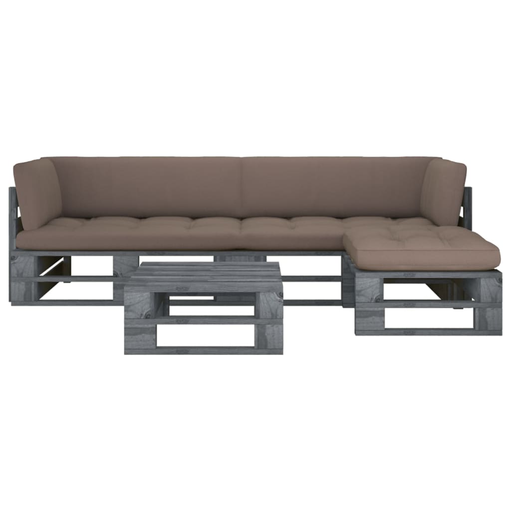 vidaXL Set mobilier din paleți cu perne, 4 piese, gri, lemn pin tratat