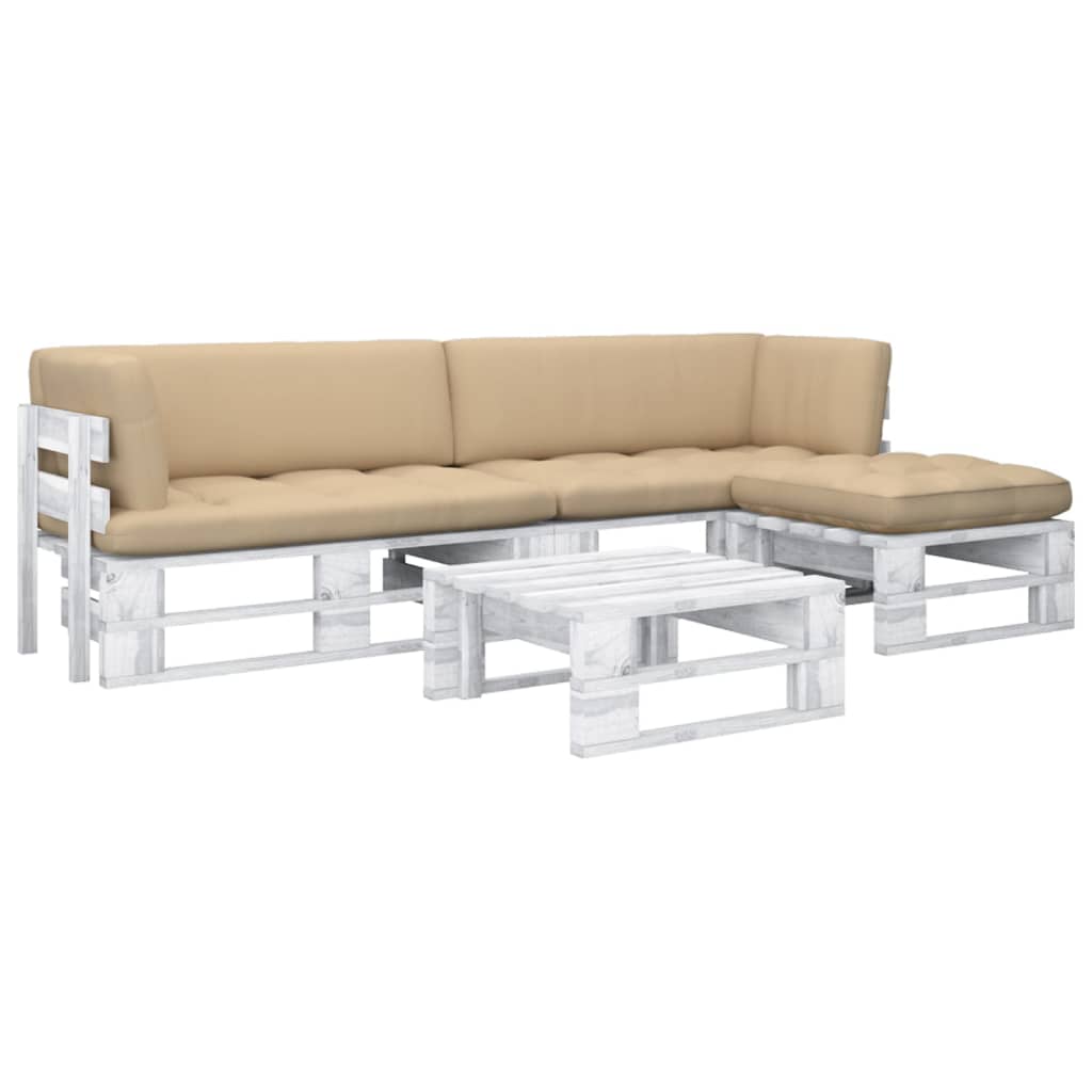 vidaXL Set mobilier din paleți cu perne, 4 piese, alb, lemn pin tratat