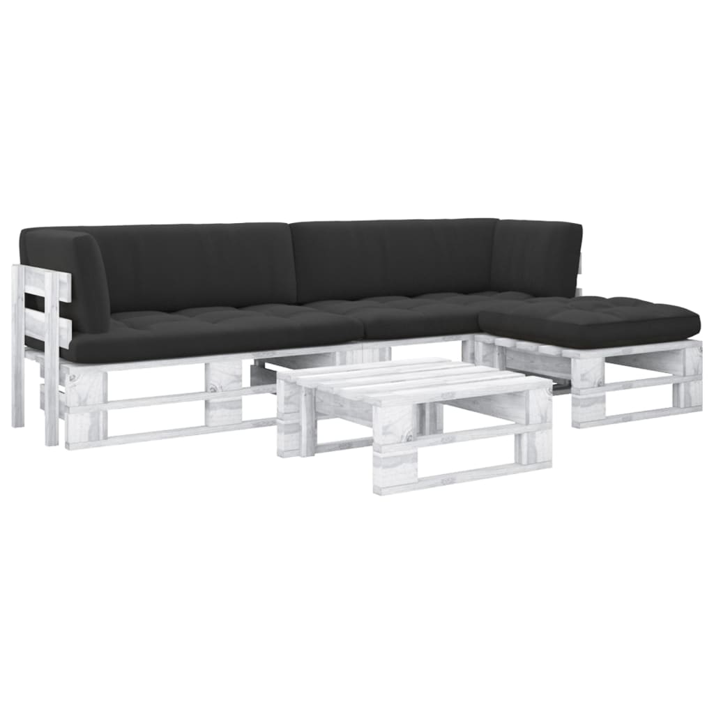 vidaXL Set mobilier din paleți cu perne, 4 piese, alb, lemn pin tratat