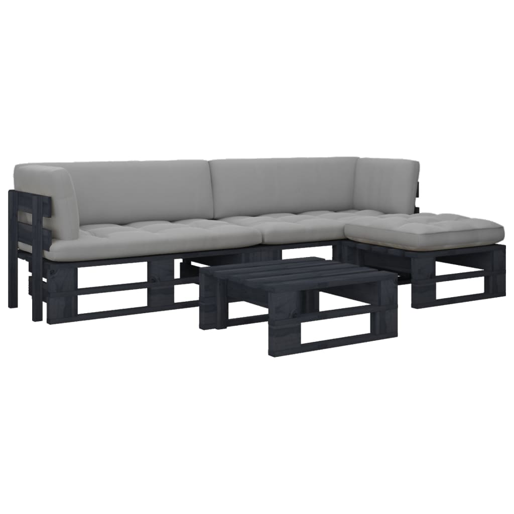 vidaXL Set mobilier paleți cu perne, 4 piese, negru, lemn pin tratat
