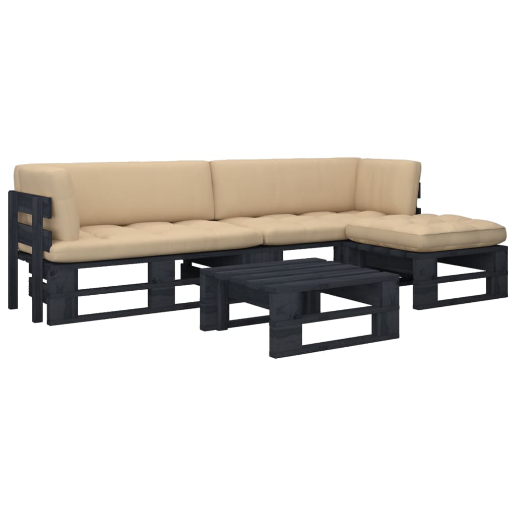 vidaXL Set mobilier paleți cu perne, 4 piese, negru, lemn pin tratat