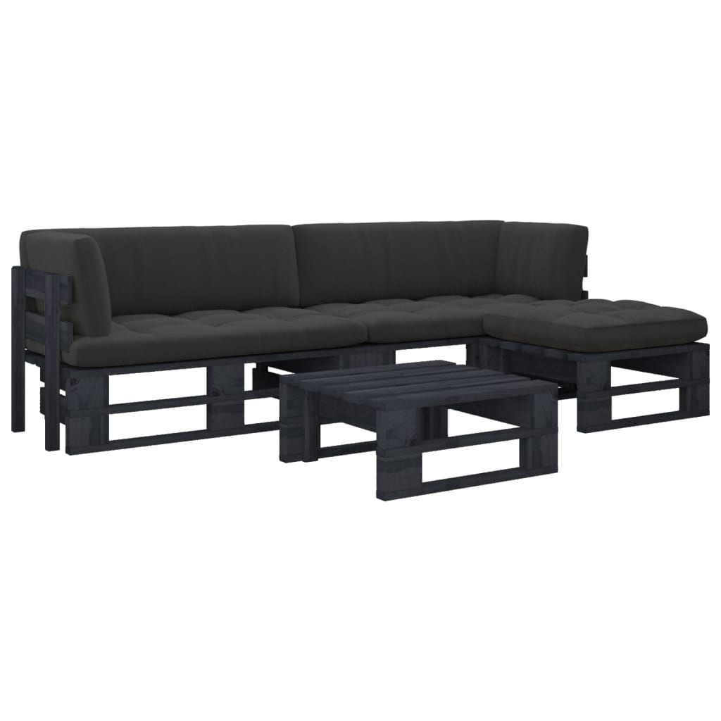 vidaXL Set mobilier paleți cu perne, 4 piese, negru, lemn pin tratat