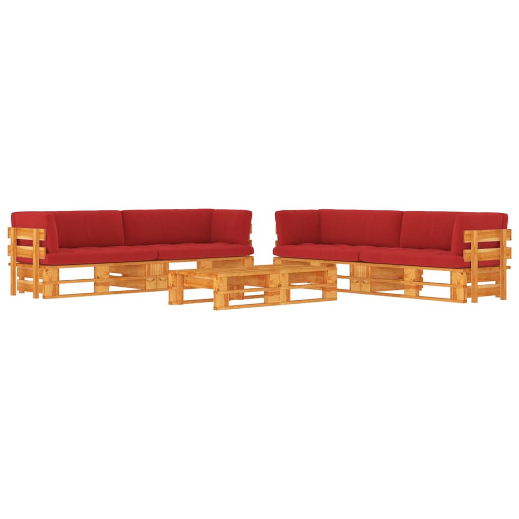 Zestaw mebli ogrodowych drewnianych palet, czerwone poduszki, wymiary 60x60x25 cm, 110x65x55 cm