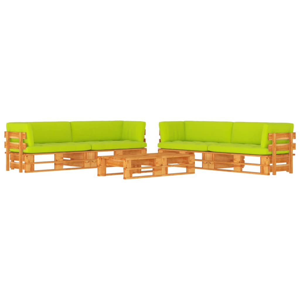 Zestaw mebli ogrodowych z paletą - drewno sosnowe, impregnowane, jasnozielone poduszki, wymiary: stolik 60x60x25 cm, sofa narożna 110x65x55 cm.