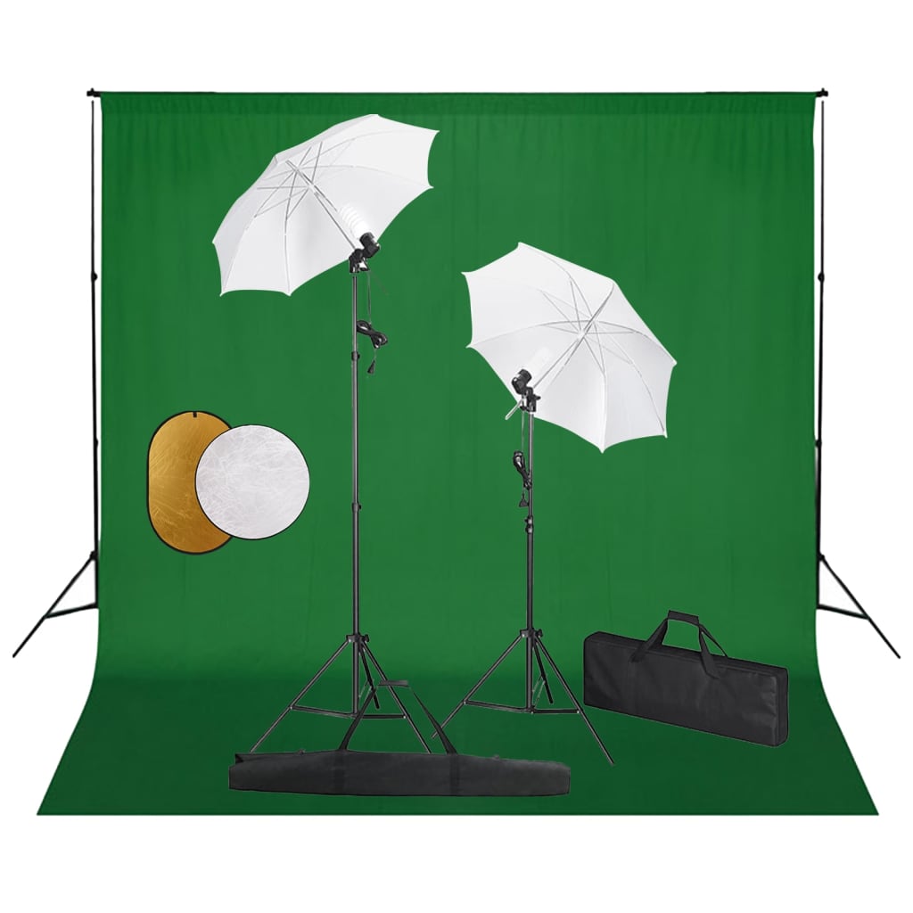Foto studio set se světly, deštníky, pozadím a odraznou deskou