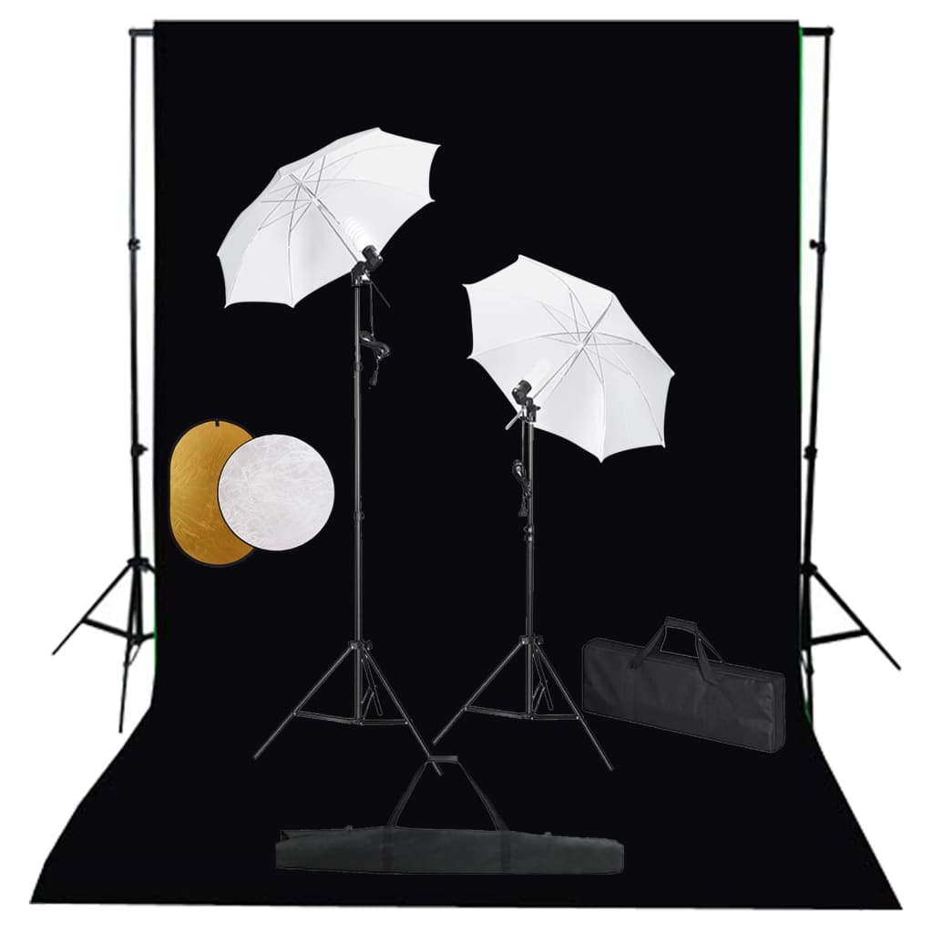 Foto studio set se světly, deštníky, pozadím a odraznou deskou