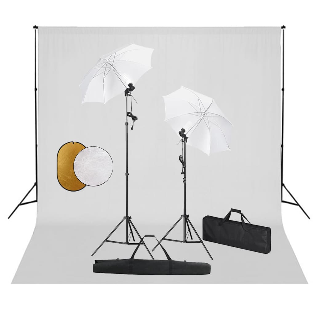 Foto studio set s lampami, deštníky, pozadím a odraznou deskou