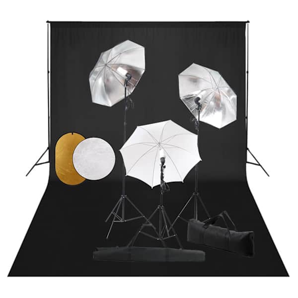 vidaXL fotostuudiokomplekt lambid, vihmavari, taustapilt ja reflektor