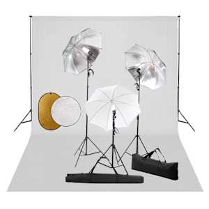 vidaXL fotostuudiokomplekt lambid, vihmavari, taustapilt ja reflektor