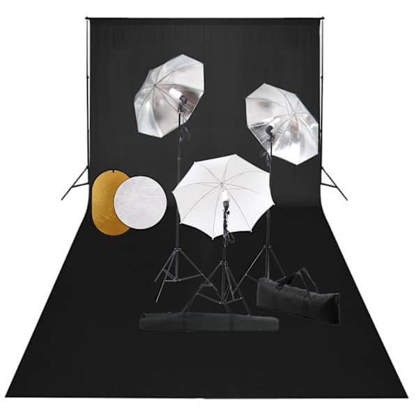 vidaXL fotostuudiokomplekt lambid, vihmavari, taustapilt ja reflektor