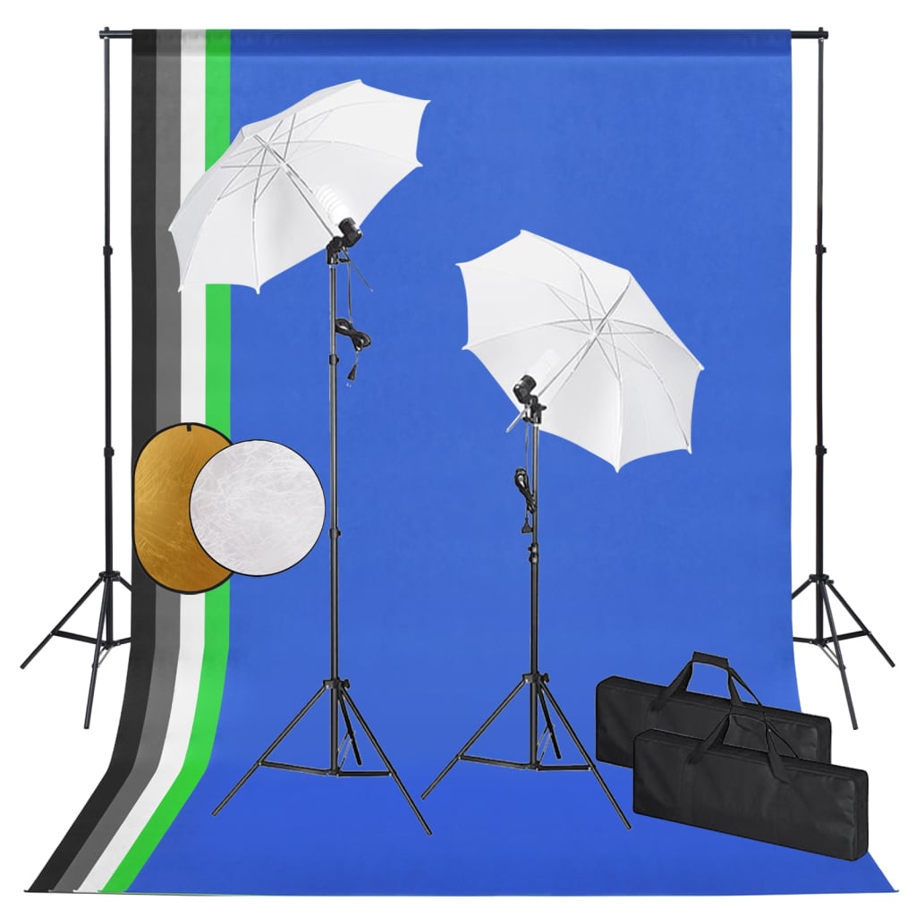 Fotostudio-Set mit Leuchten, Schirmen, Hintergrund, Reflektor