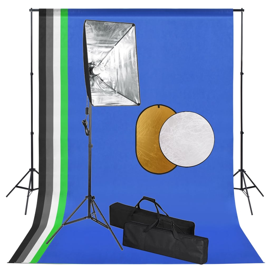Fotostudio-Set mit Softbox-Lampen, Hintergrund und Reflektor