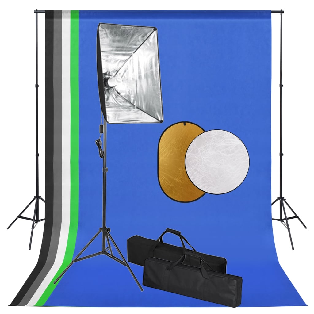 vidaXL Photo Studio Kit with Softbox Lights. Backdrop and Reflector