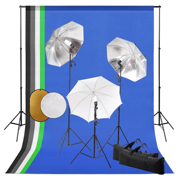 vidaXL fotostuudiokomplekt, lambid, vihmavarjud, taustapilt, reflektor