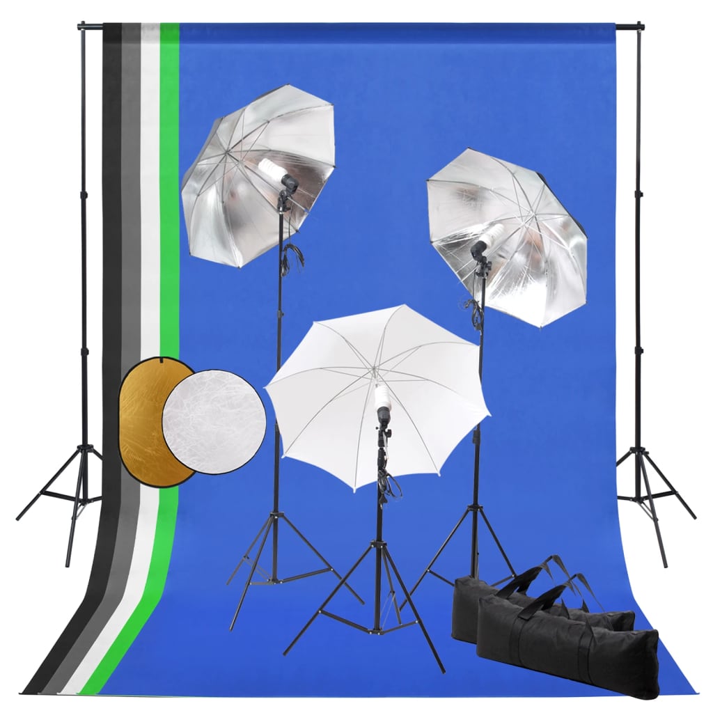 vidaXL Set studio foto cu lămpi, umbrele, fundal și reflector vidaxl.ro