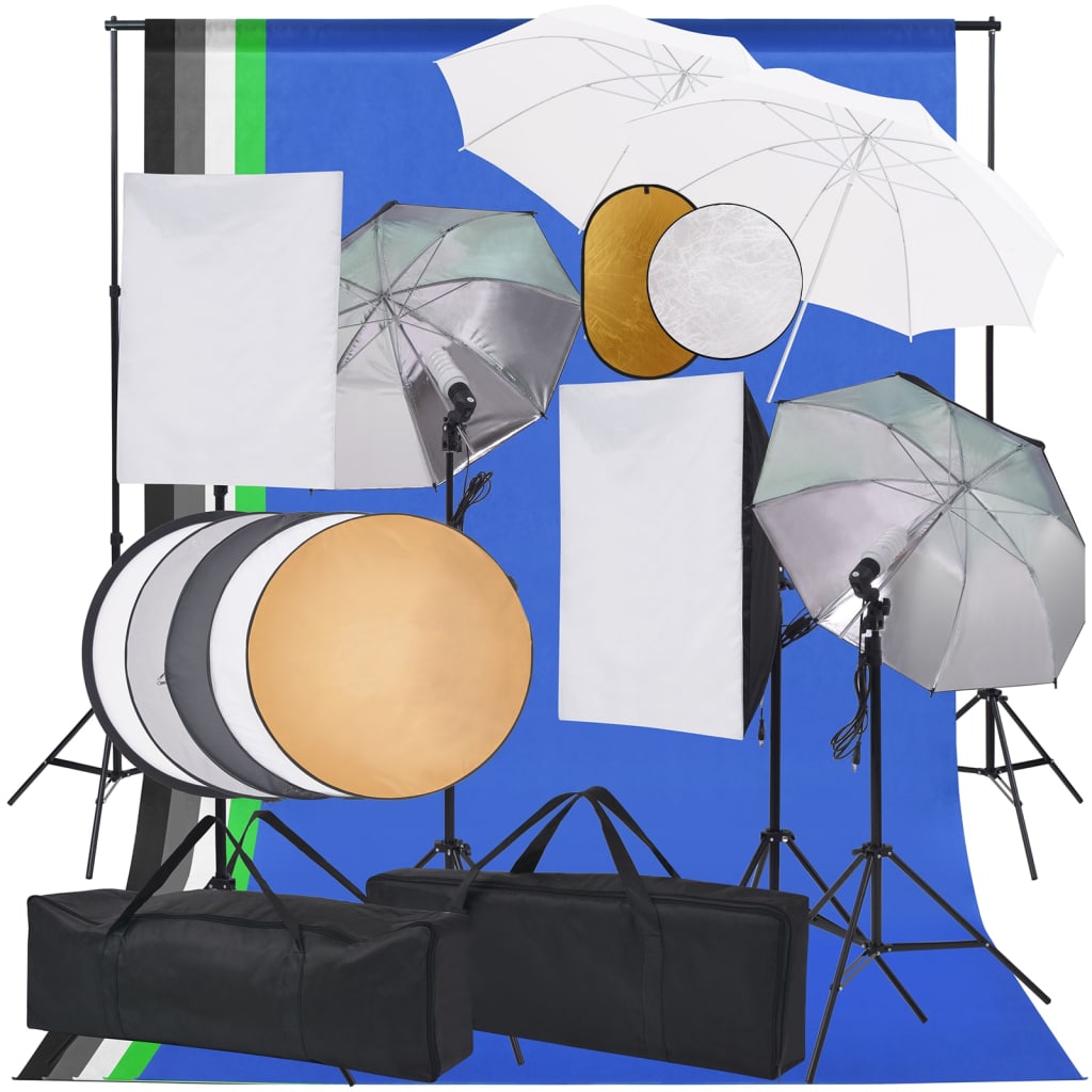 vidaXL fotostudiesæt m. softbox-lamper, paraplyer, baggrund, reflektor