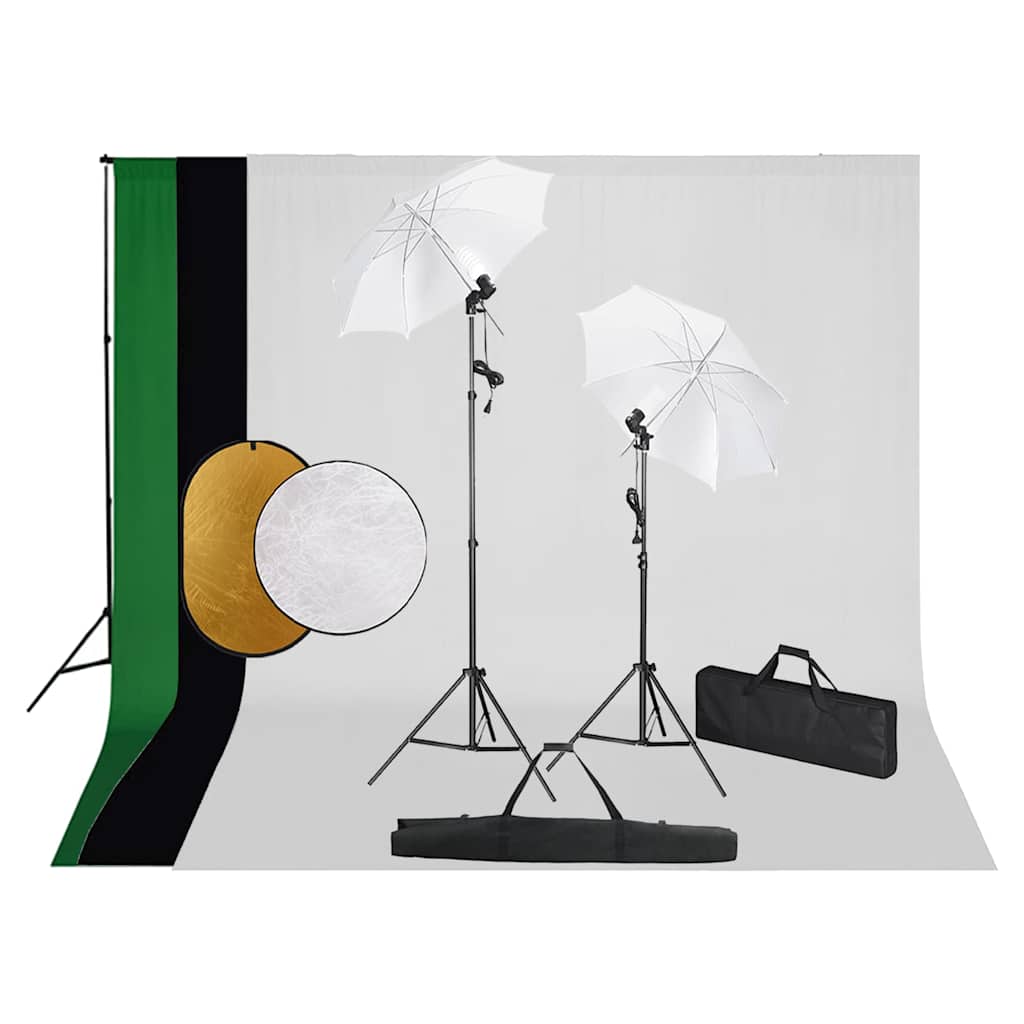 vidaXL Fotostudiosett med lamper, paraplyer, bakgrunn og reflektor