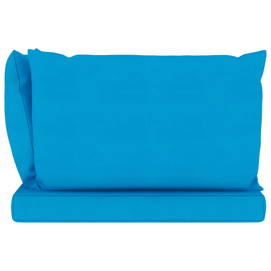 Ogrodowa sofa 3-os. z palet, jasnoniebieskie poduszki, sosna
