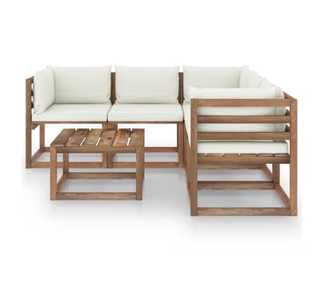 vidaxL 6 pcs conjunto lounge de jardim c/ almofadões creme pinho