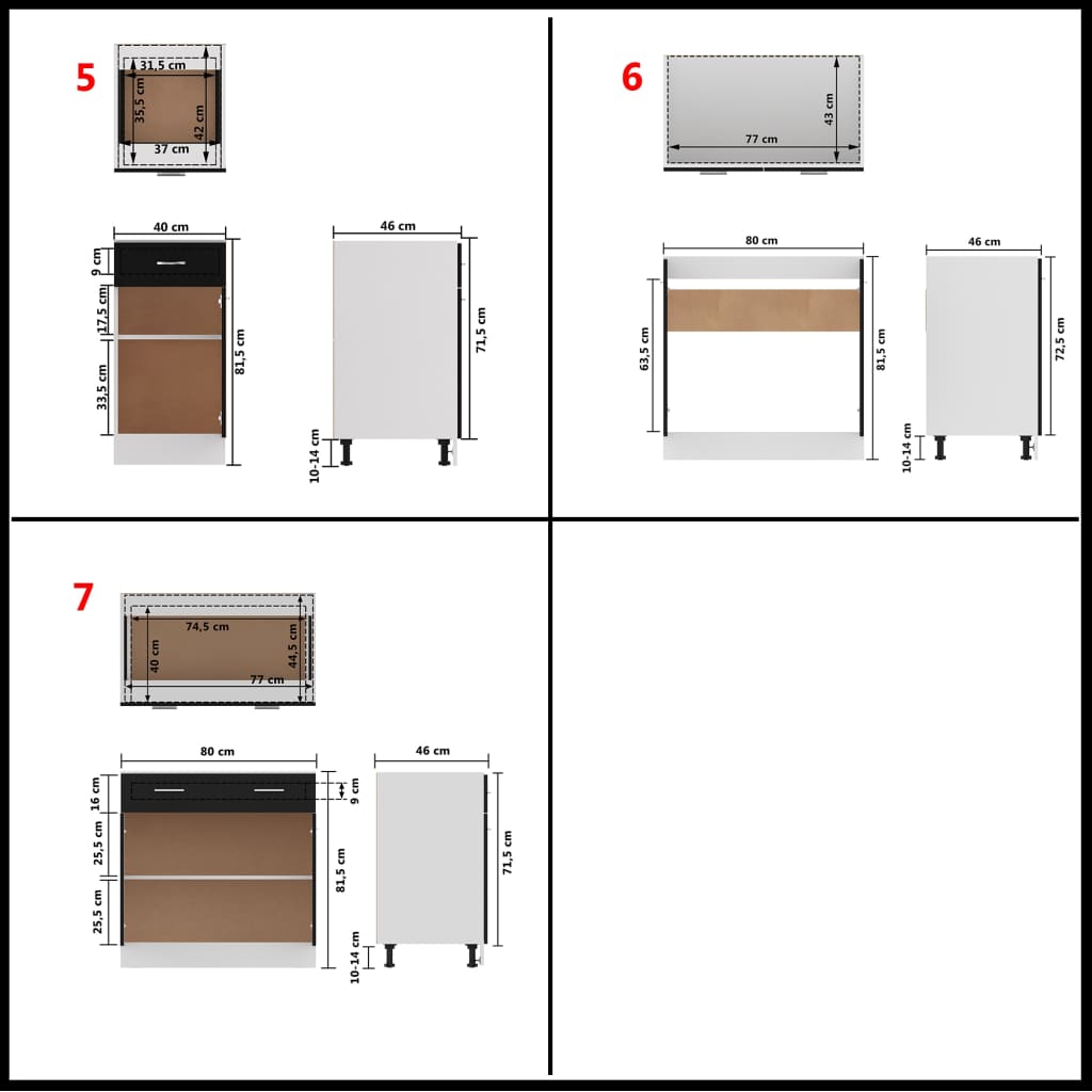 7 részes fekete forgácslap konyhai szekrénygarnitúra 