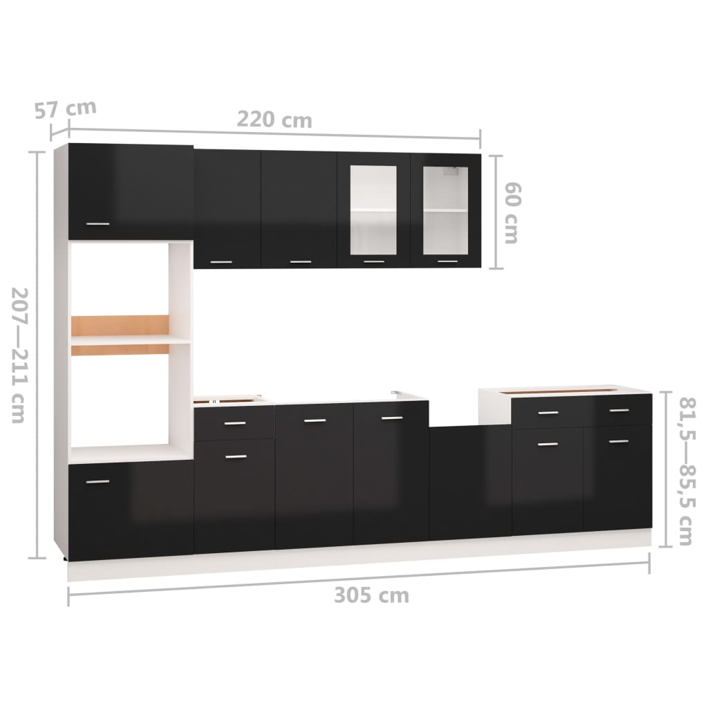 7 részes magasfényű fekete forgácslap konyhai szekrénygarnitúra 