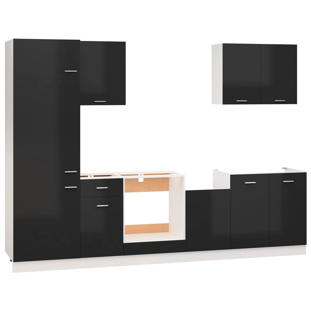 vidaXL Комплект кухненски шкафове от 7 части, черен гланц, ПДЧ