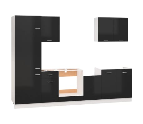 vidaXL 7 részes magasfényű fekete forgácslap konyhai szekrénygarnitúra