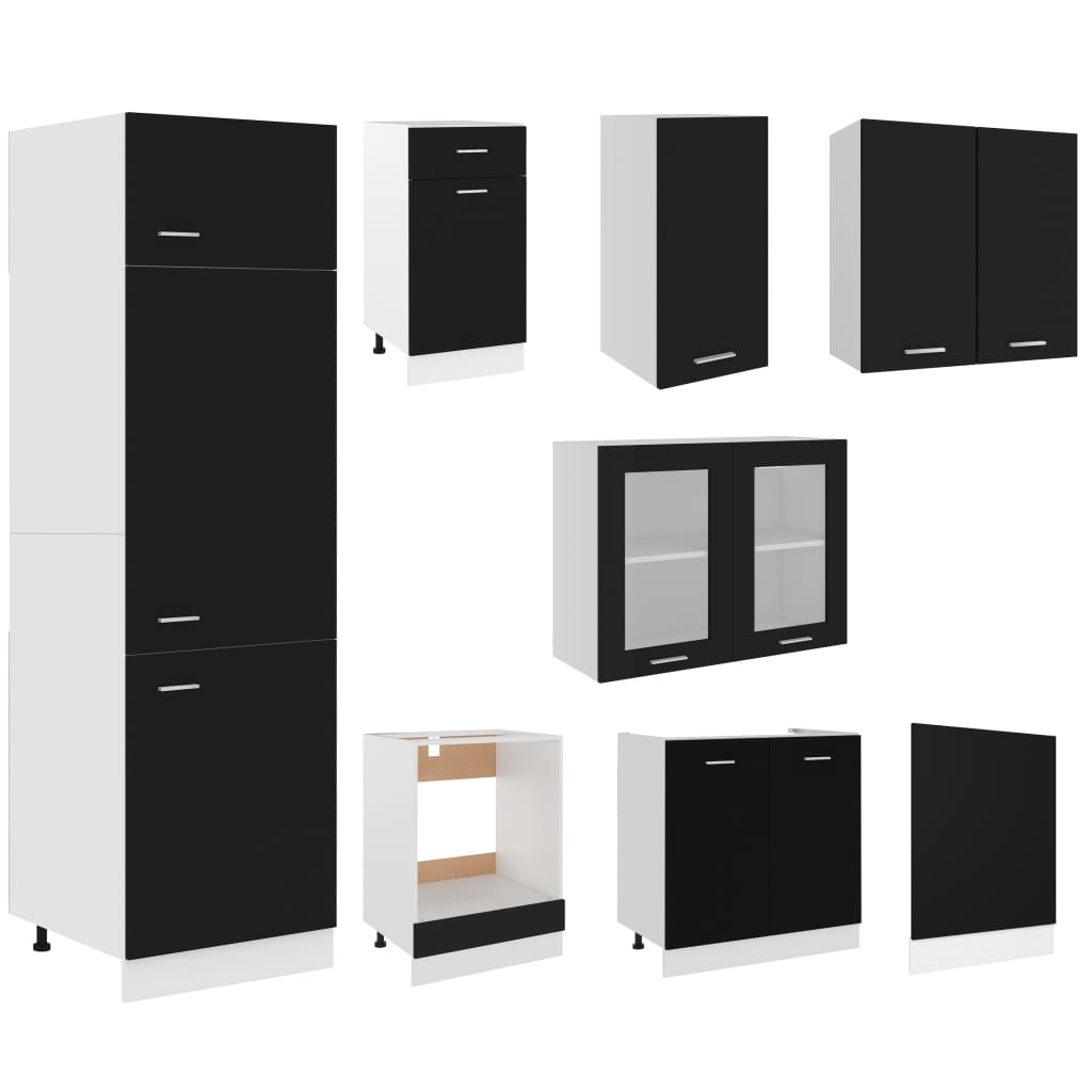 8 részes fekete forgácslap konyhai szekrénygarnitúra 