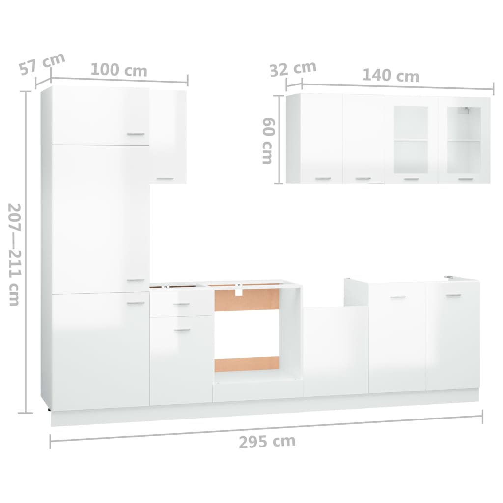 8 részes magasfényű fehér forgácslap konyhai szekrénygarnitúra 