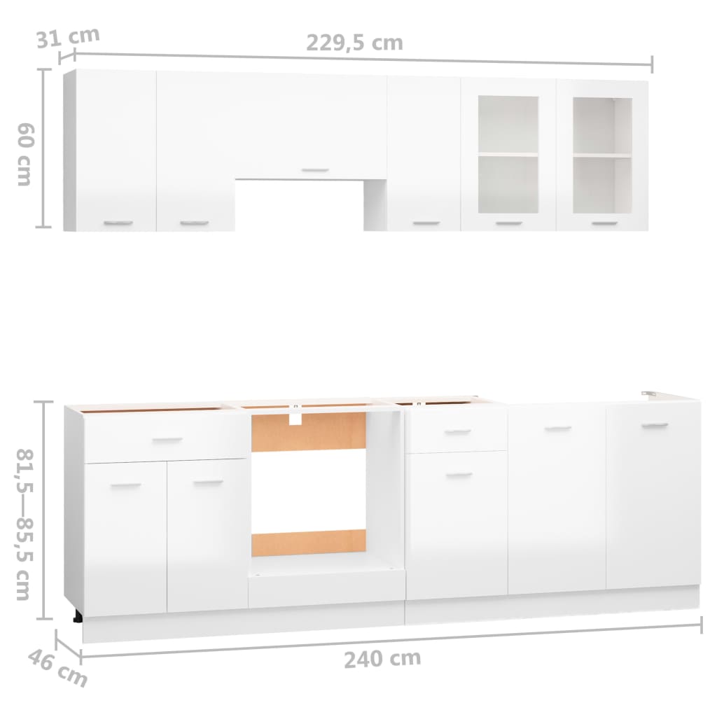 8 részes magasfényű fehér forgácslap konyhai szekrénygarnitúra 