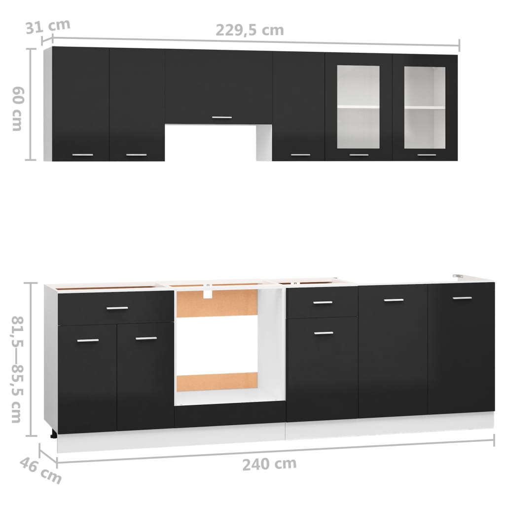 8 részes magasfényű fekete forgácslap konyhai szekrénygarnitúra 