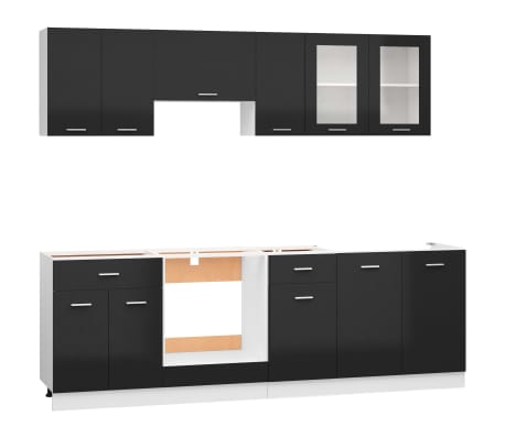 vidaXL Komplet kuhinjskih omaric 8-delni visok sijaj črn iverna plošča