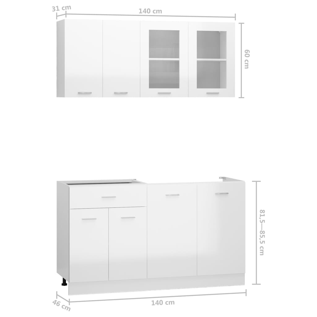 4 részes magasfényű fehér forgácslap konyhai szekrénygarnitúra 