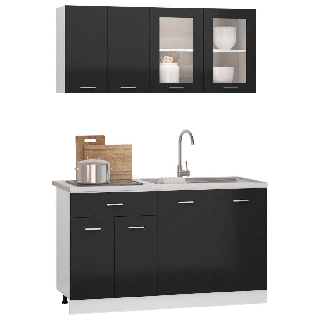 vidaXL Комплект кухненски шкафове от 4 части, черен гланц, ПДЧ