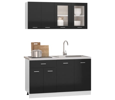 vidaXL Комплект кухненски шкафове от 4 части, черен гланц, ПДЧ