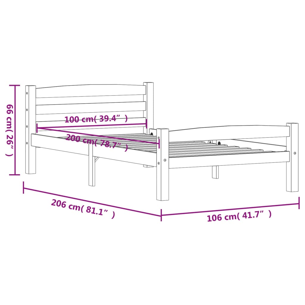 Cadru de pat, gri închis, 100x200 cm, lemn masiv de pin