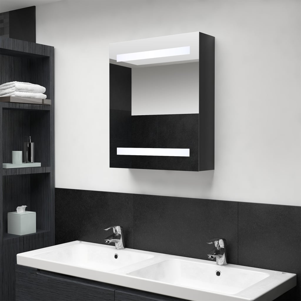 vidaXL badeværelsesskab med spejl + LED-lys 50x14x60 cm blank sort