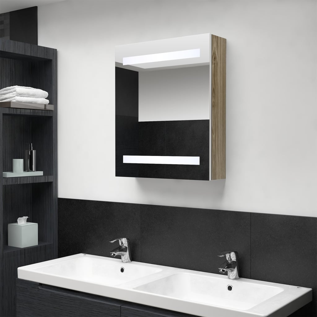 LED-Bad-Spiegelschrank Weiß und Eichenoptik 50x14x60 cm