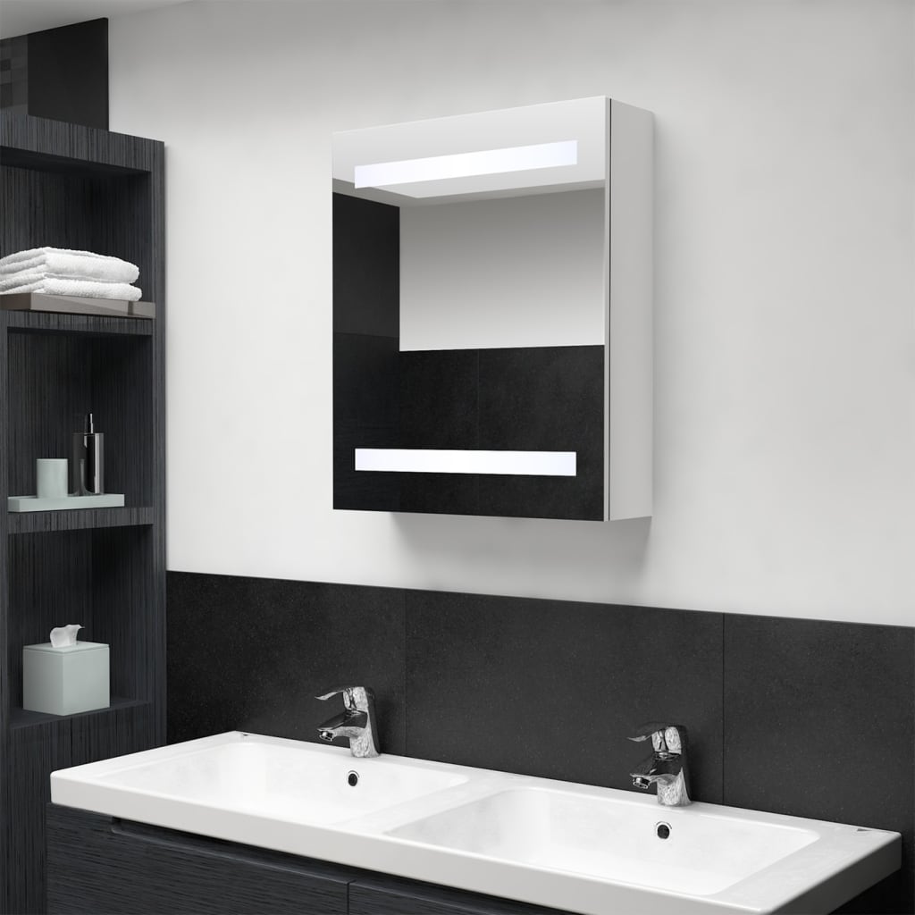 vidaXL badeværelsesskab med spejl + LED-lys 50x14x60 cm blank hvid