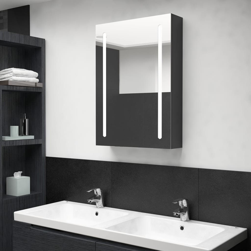 vidaXL badeværelsesskab med spejl + LED-lys 50x13x70 cm skinnende sort
