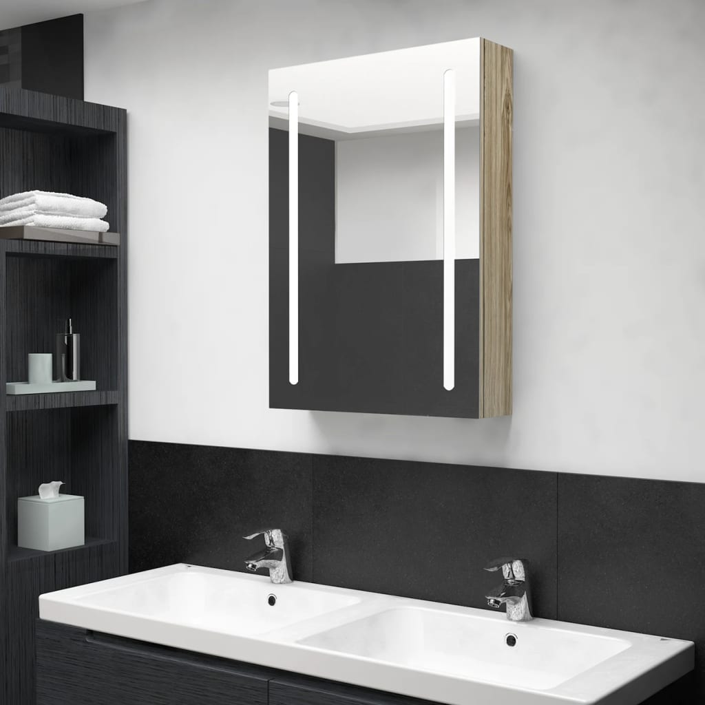 vidaXL badeværelsesskab med spejl + LED-lys 50x13x70 cm egetræsfarvet