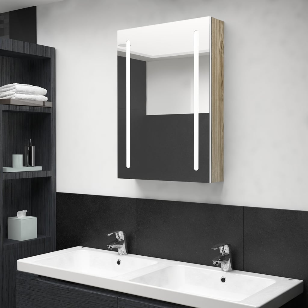 vidaXL Dulap de baie cu oglindă și LED, alb și stejar, 50x13x70 cm vidaXL imagine 2022 1-1.ro