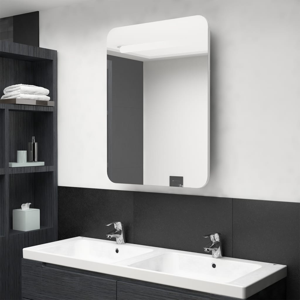 vidaXL badeværelsesskab med spejl + LED-lys 60x11x80 cm skinnende hvid