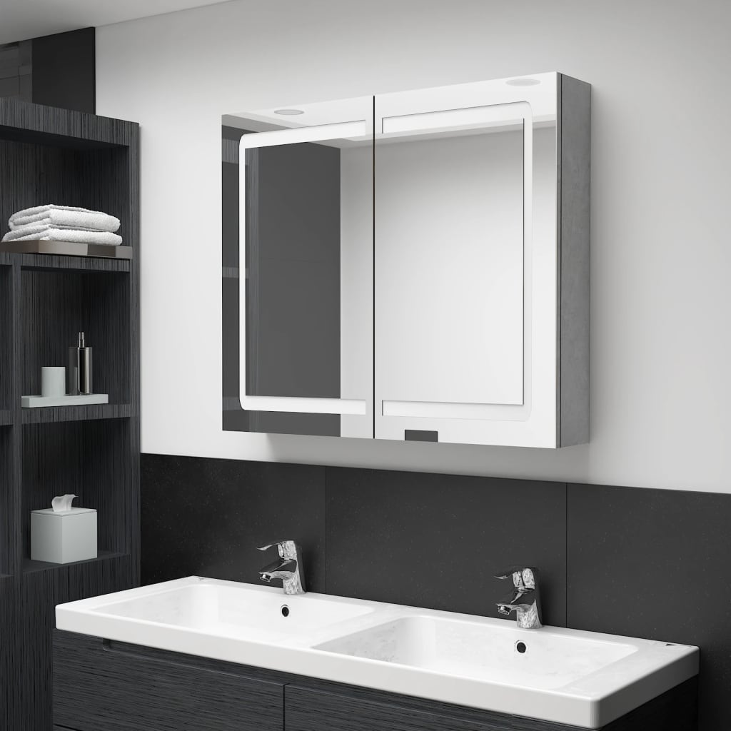 vidaXL badeværelsesskab med spejl + LED-lys 80x12x68 cm betongrå