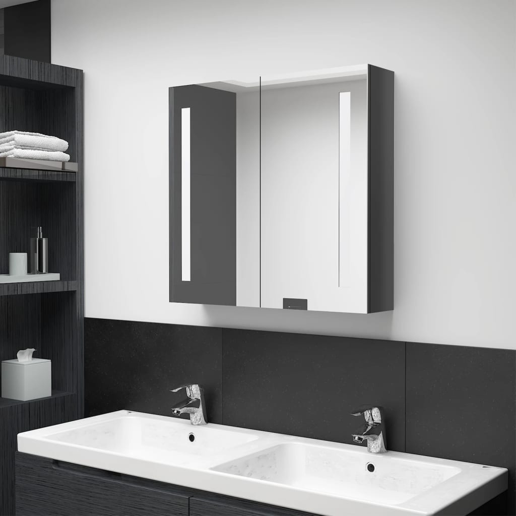 vidaXL badeværelsesskab med spejl + LED-lys 62x14x60 cm skinnende grå