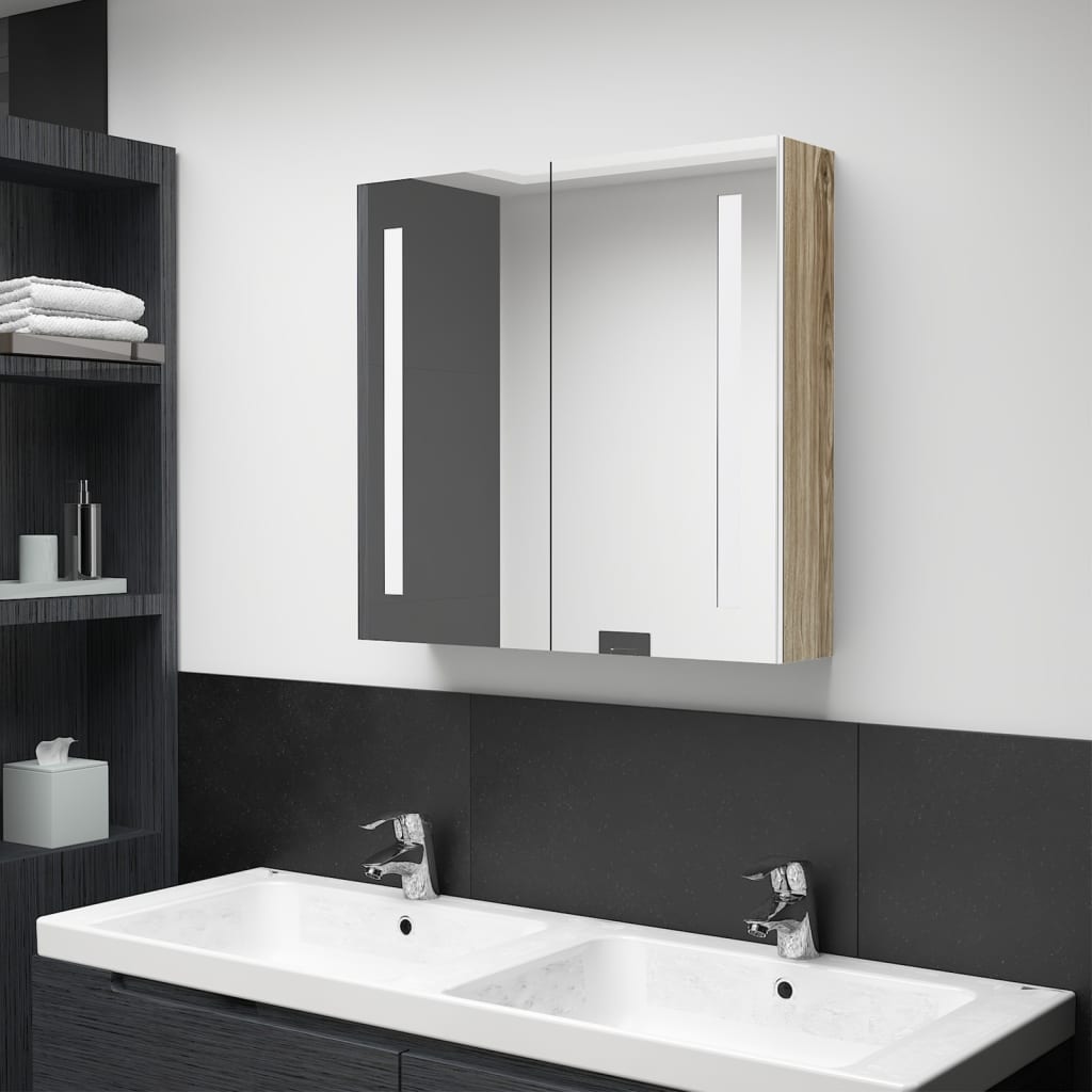 LED-Bad-Spiegelschrank Weiß und Eichenoptik 62x14x60 cm