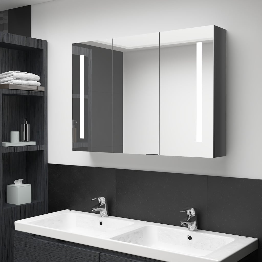 vidaXL Dulap de baie cu oglindă și LED, gri strălucitor, 89x14x62 cm vidaXL imagine 2022 1-1.ro